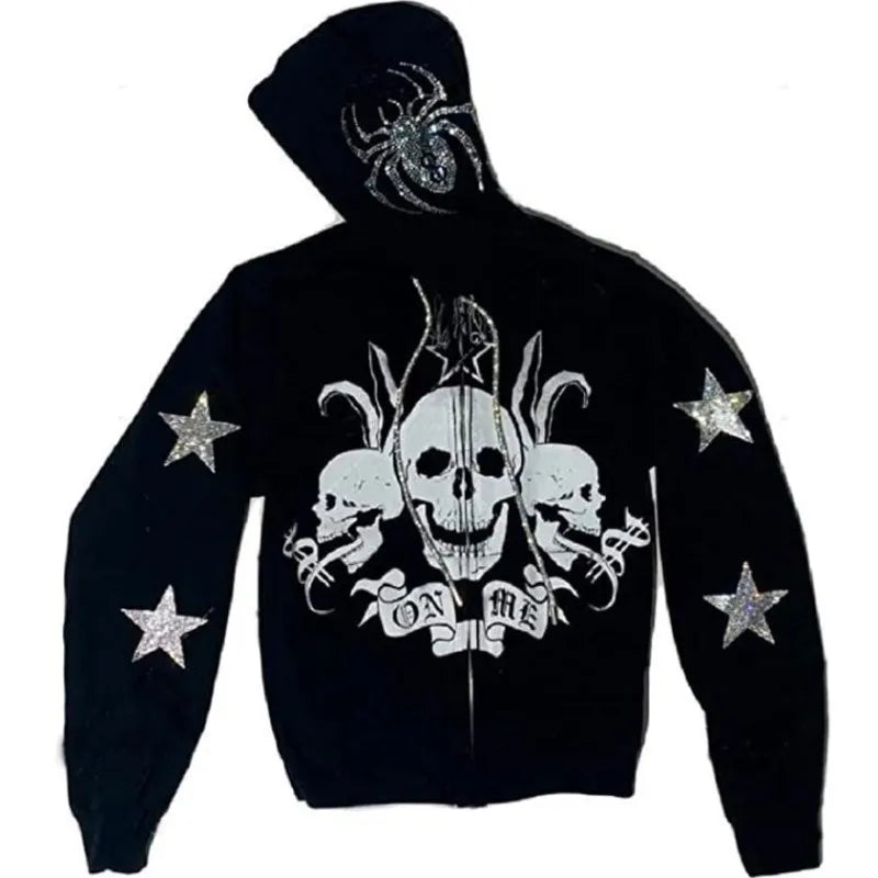 Skeleton Pattern Rhinestone Zipper Hoodies Men Women Hip Hop Street Hoodie Retro Punk Gothic Autumn Oversize Sweatshirt Jacket
