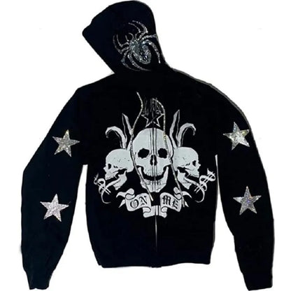Skeleton Pattern Rhinestone Zipper Hoodies Men Women Hip Hop Street Hoodie Retro Punk Gothic Autumn Oversize Sweatshirt Jacket