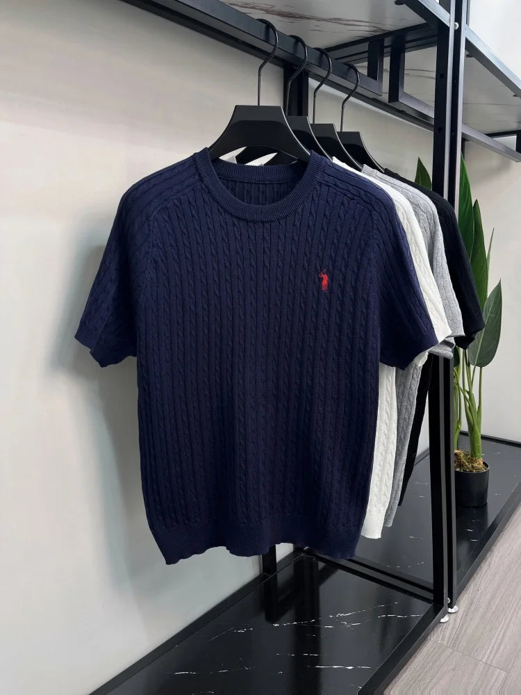 Advanced Ice Silk Knitted Short Sleeve Men Summer Trendy Luxury Brand Golf Pony Embroidery Casual Round Neck Breathable T-shirt