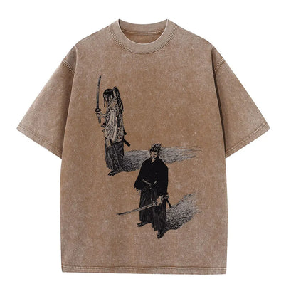 Men Streetwear Tshirt Anime Vagabond Graphic Print Vintage Harajuku Washed Black T Shirt Men Summer Casual Cotton Loose Top Tee