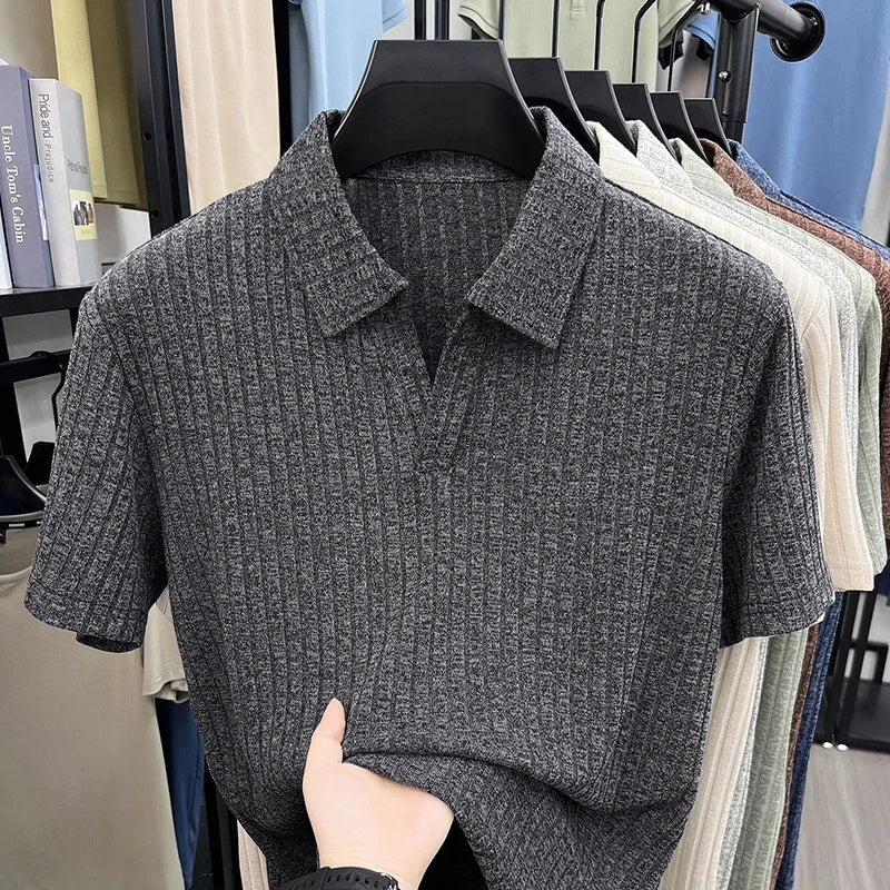 Men's Breathable Knitted Polo Tee Short Sleeve V Neck Striped Fabric Lightweight Casual Business Daily Wear