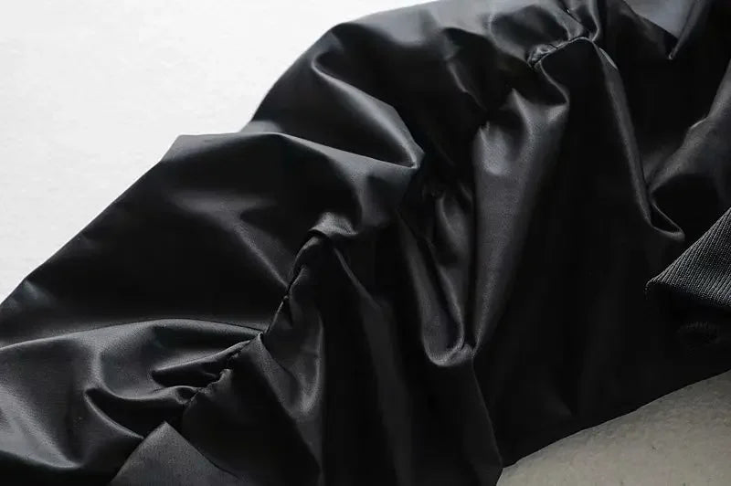High Waisted Cropped Flight Jacket Women Spring Autumn Long Sleeved Folds Zipper Outerwear Casual Loose-fit Bomber Jackets Coat