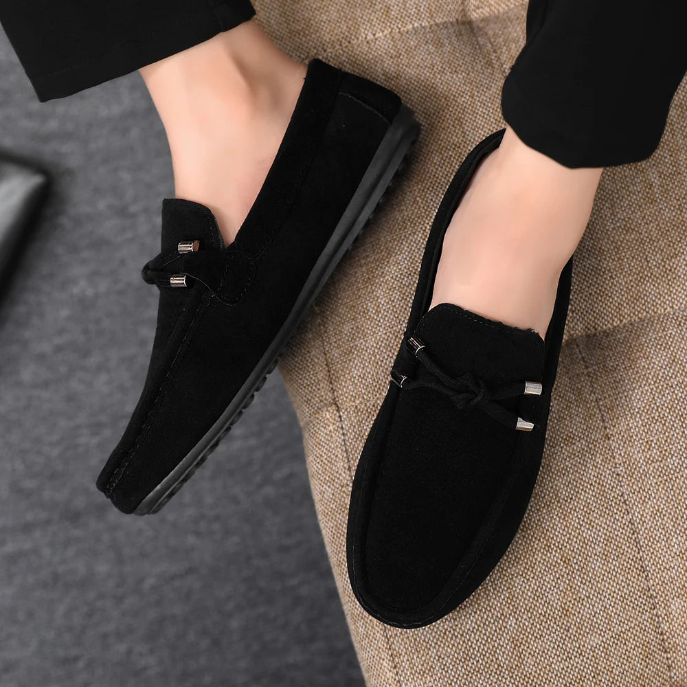 2026 Summer Casual Fashion Driving Loafers Suede Leather Minimalist Slip-Ons Comfortable Trendy Work Shoes Black & Khaki Two-Ton