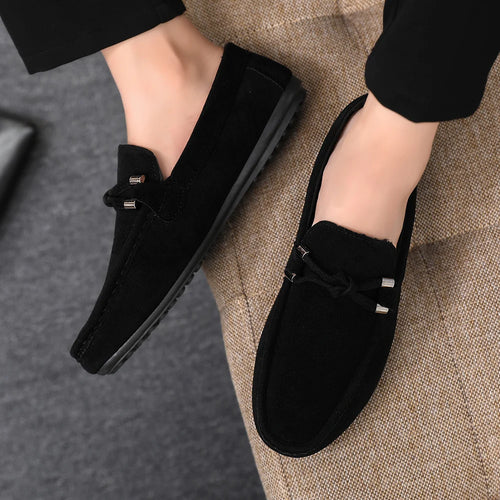 2026 Summer Casual Fashion Driving Loafers Suede Leather Minimalist Slip-Ons Comfortable Trendy Work Shoes Black & Khaki Two-Ton