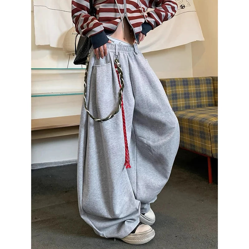YIBASHU American Retro Gray Sports Pants Women's Autumn Winter High Street Loose Jazz Dance Wide Leg Pants Casual Pants Trend