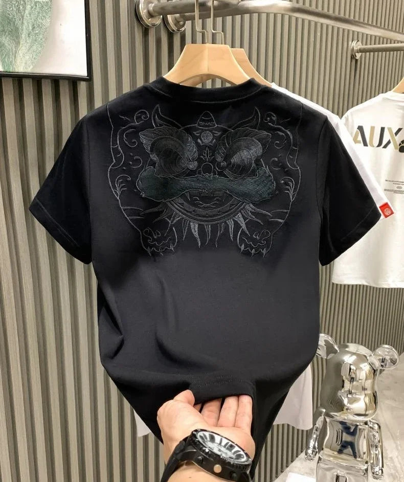 Male Tees Shirts Skinny Embroidery Lion New In Party Y2k Original Tops Hot Basic Korean Popular Clothes Cool Cheap Men's T-shirt