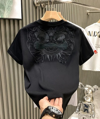 Male Tees Shirts Skinny Embroidery Lion New In Party Y2k Original Tops Hot Basic Korean Popular Clothes Cool Cheap Men's T-shirt