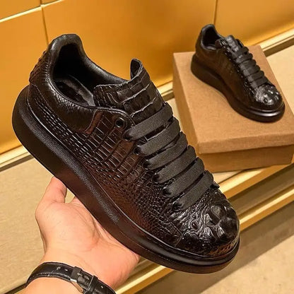 New summer crocodile print black men's breathable shoes running casual sports board shoes natural cowhide soft sole shoes