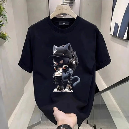 Men's Cotton T-shirts White 5XL T Shirt for Men Casual Summer Wear Anime Cat Print Tee Shirts Black Men Clothing