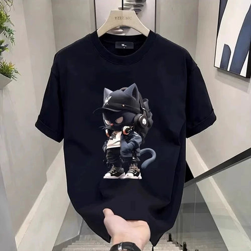 Men's Cotton T-shirts White 5XL T Shirt for Men Casual Summer Wear Anime Cat Print Tee Shirts Black Men Clothing