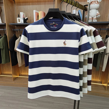 Striped Round Neck Short Sleeved T-shirt for Men's Summer Casual Loose Breathable Top Embroidered Men's Base T-shirt