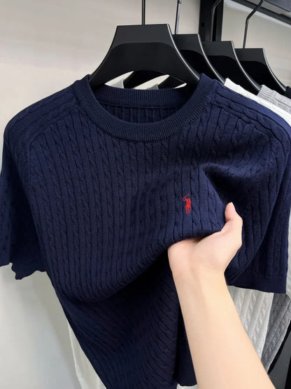 Advanced Ice Silk Knitted Short Sleeve Men Summer Trendy Luxury Brand Golf Pony Embroidery Casual Round Neck Breathable T-shirt