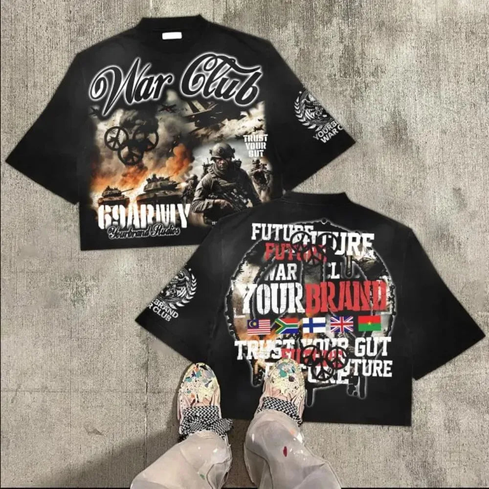 American Hip Hop Retro Theater Valley Division Harajuku Gothic War Print Summer New Retro Fashion Men and Women Streetwear