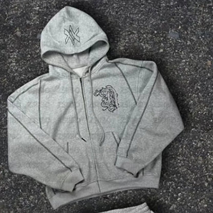 American Y2K Casual Zipper Hoodie Sweatpant Two Piece Set HipHop Oversized Embroidery Sweatshirts Men Women Casual Pants