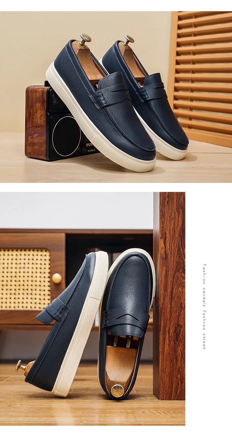 Casual Slip-On Men's Bean Oes Spring 2026 New Sle Comfortable Leather Sneakers Breathable Round Toe Flat Heel PU Lined