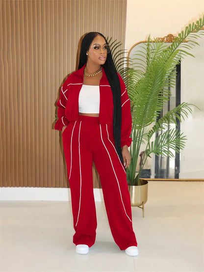Doyerl Striped Casual Tracksuit Woman Two Piece Set Sports Workout Zipper Long Sleeve Jacket Coat and Sweatpants Matching Sets