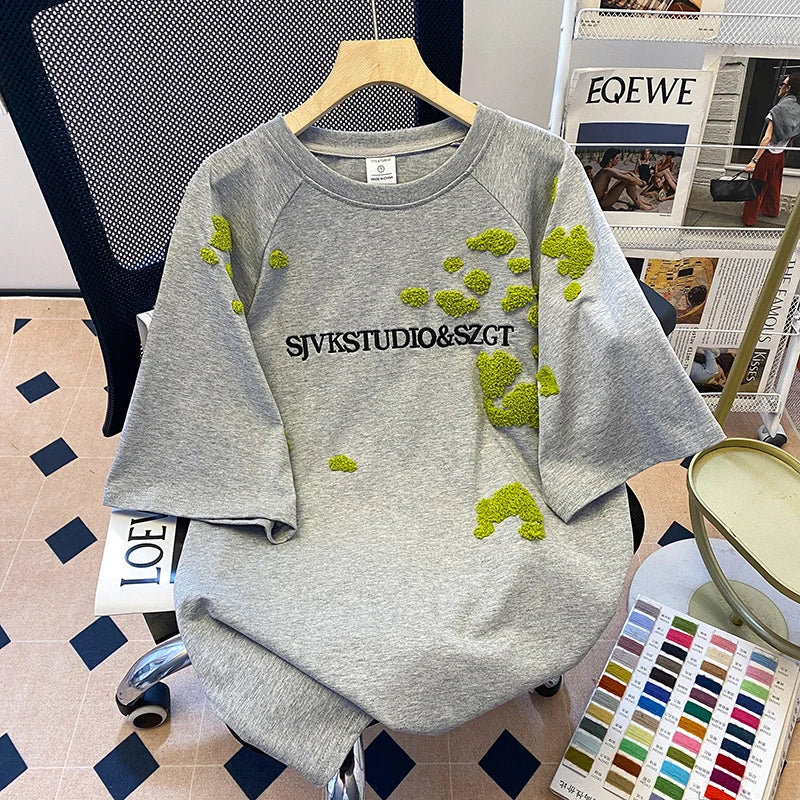 Short-sleeved T-shirts Women's Summer 2025 New Embroidered Flower Medium Long Loose All Match Niche Crew Neck Top