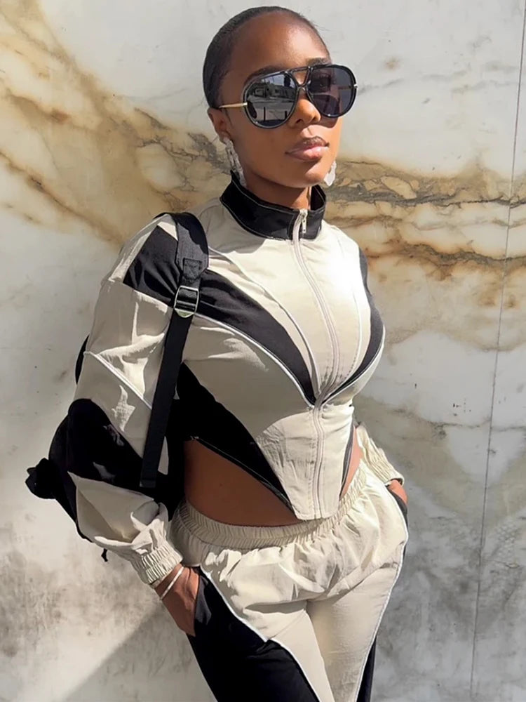 Fashion Women Windbreaker Set Color Block Long Sleeve Zipper Tops and Sweatpants 2025 Fall 2 Piece Sets Streetwear Outfits New