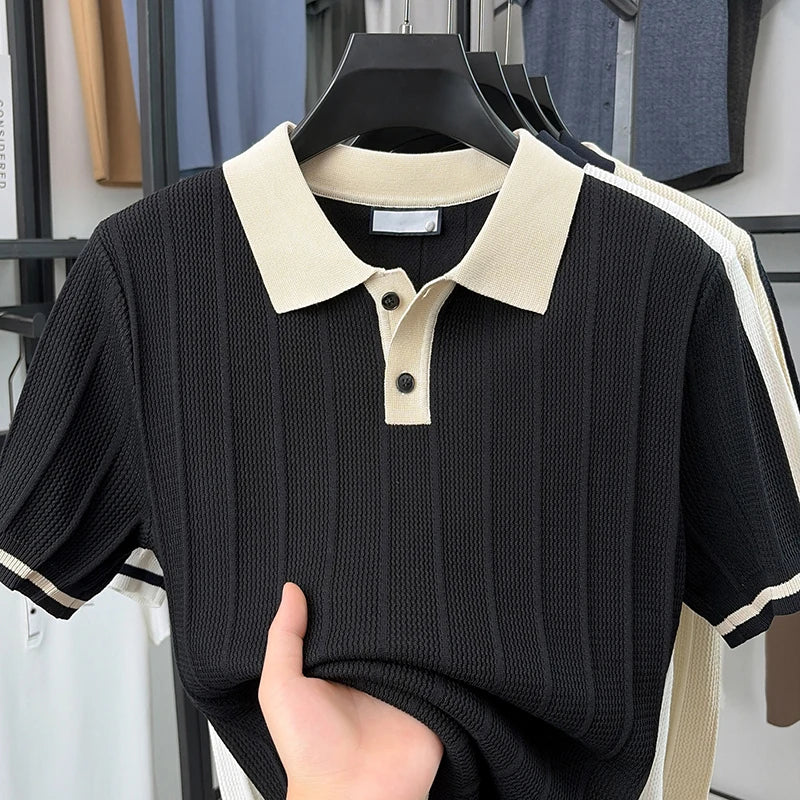 Summer Lightweight Men's Polo Shirt, Middle-aged Jacquard Color-block Breathable Wrinkle-free Casual Knitted Top