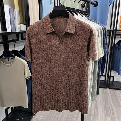 Men's Breathable Knitted Polo Tee Short Sleeve V Neck Striped Fabric Lightweight Casual Business Daily Wear