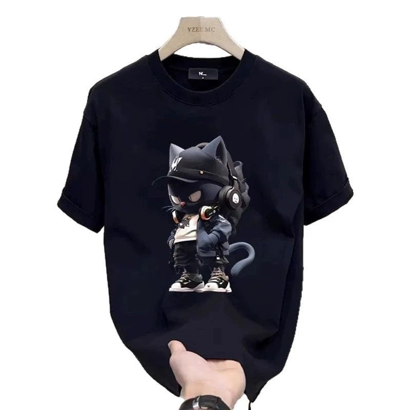 Men's Cotton T-shirts White 5XL T Shirt for Men Casual Summer Wear Anime Cat Print Tee Shirts Black Men Clothing