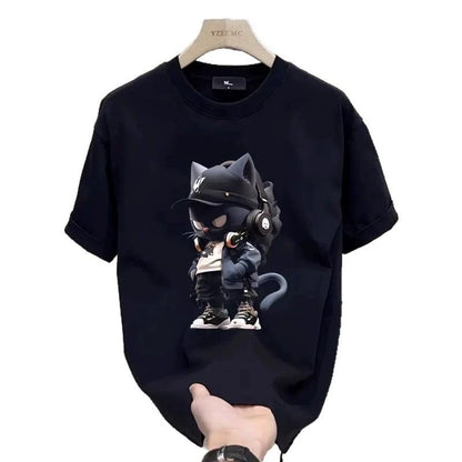 Men's Cotton T-shirts White 5XL T Shirt for Men Casual Summer Wear Anime Cat Print Tee Shirts Black Men Clothing