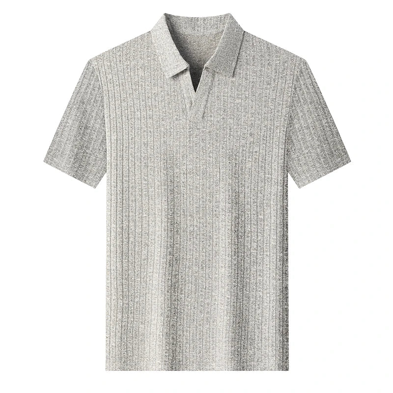 Men's Breathable Knitted Polo Tee Short Sleeve V Neck Striped Fabric Lightweight Casual Business Daily Wear