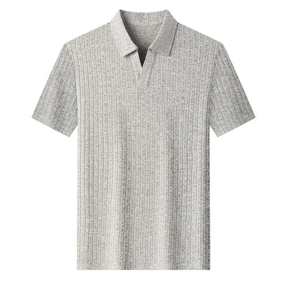 Men's Breathable Knitted Polo Tee Short Sleeve V Neck Striped Fabric Lightweight Casual Business Daily Wear