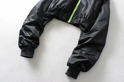 High Waisted Cropped Flight Jacket Women Spring Autumn Long Sleeved Folds Zipper Outerwear Casual Loose-fit Bomber Jackets Coat