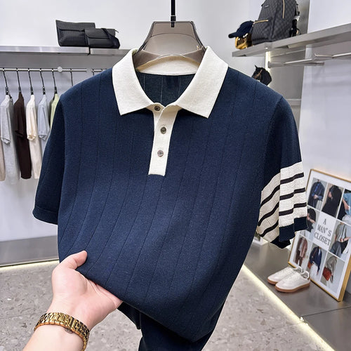 High End Light Luxury Color Blocked Knitted Summer Men's Short Sleeved Polo Shirt, Thin Grain Design, Casual T-shirt