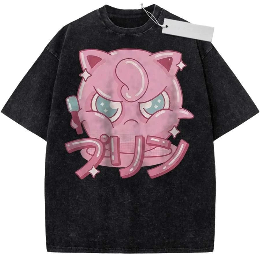 T Shirt Sports T Shirt Short Sleeve T Shirt Rose Red Unisex Pure Cotton Washed Vintage Pokemon Jigglypuff Anime Print