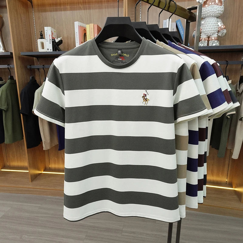 Striped Round Neck Short Sleeved T-shirt for Men's Summer Casual Loose Breathable Top Embroidered Men's Base T-shirt