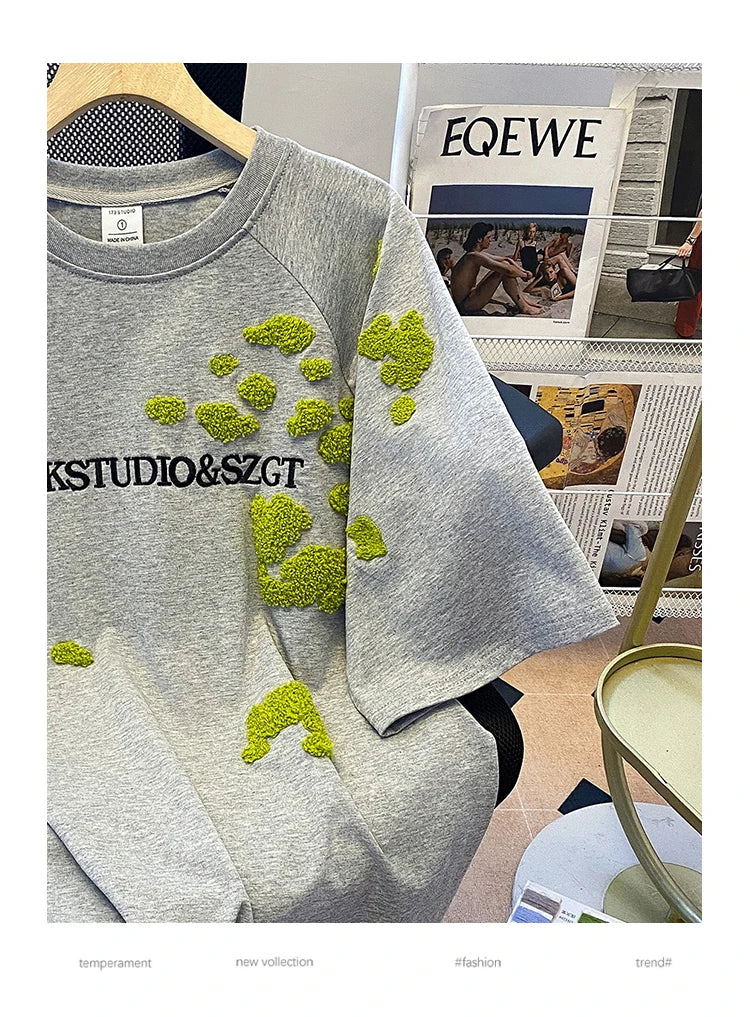 Short-sleeved T-shirts Women's Summer 2025 New Embroidered Flower Medium Long Loose All Match Niche Crew Neck Top