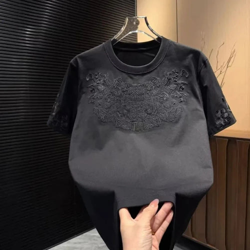 Black Men's T-Shirt with Embroidered Chinese Traditional Pattern Round Neck Short Sleeve Casual Tee for Daily Wear Summer