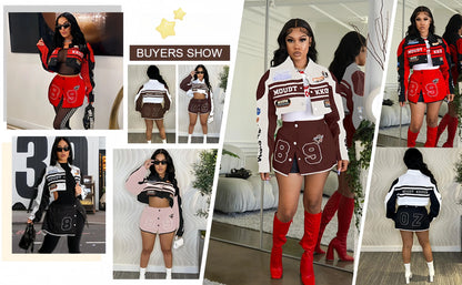 HLJ Letter Print Two Piece Outfits 2023 Autumn Winter Casual Sporty Baseball Coat Skirts Suits Detachable Buttons Y2k Streetwear