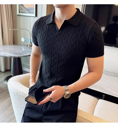 Polo Style Sweaters for Men Summer New Slim Fit Short Sleeve Business Casual T-shirts Male Solid Turn Down Collar Knitwear Tops