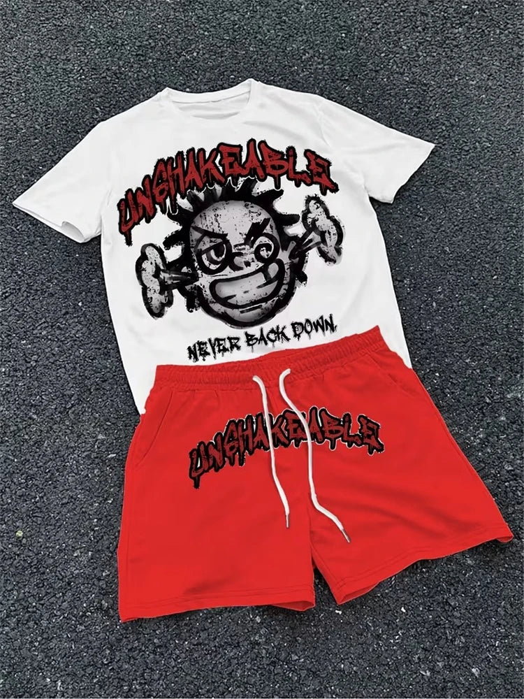 Spring And Summer American Trend 3D Printed Skull Men's Round-neck Top And Shorts, Hip-hop Style Trendy And Cool 2pcs Set