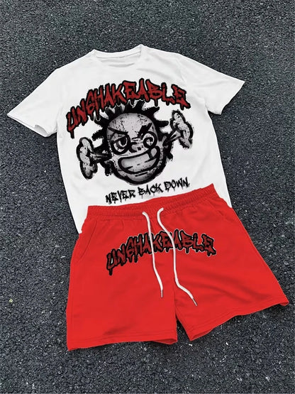 Spring And Summer American Trend 3D Printed Skull Men's Round-neck Top And Shorts, Hip-hop Style Trendy And Cool 2pcs Set