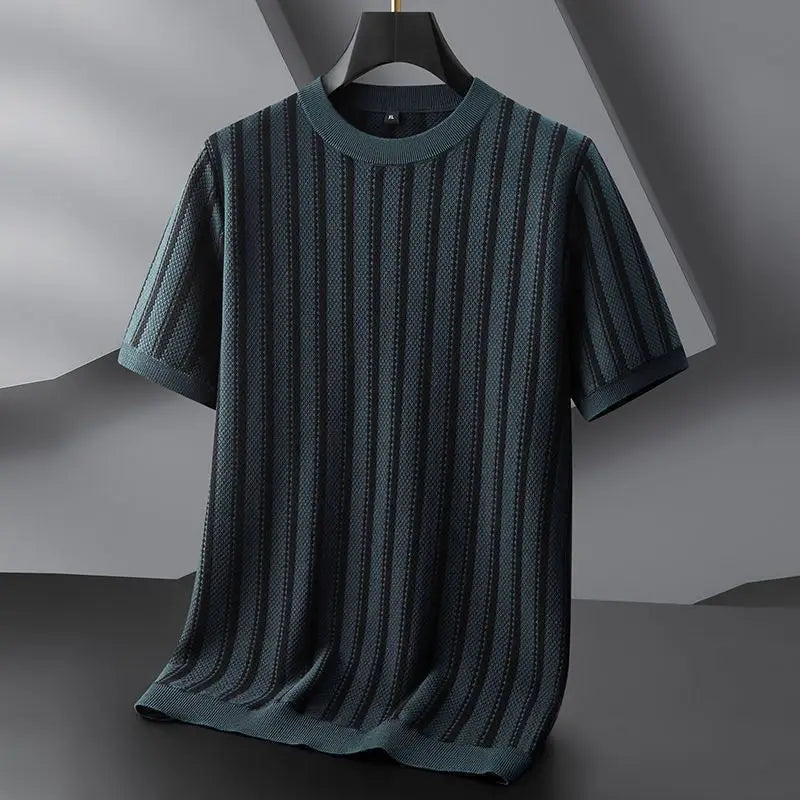 Spring New Round Neck Striped Jacquard Contrasting Short Sleeved Knitted Sweater for Men's Casual Versatile Half Sleeved Sweater