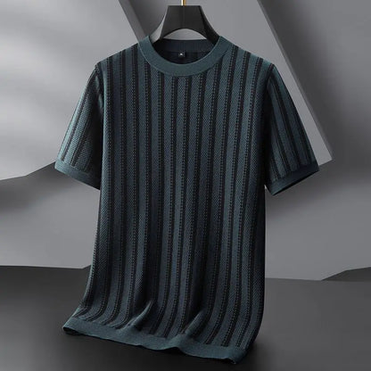 Spring New Round Neck Striped Jacquard Contrasting Short Sleeved Knitted Sweater for Men's Casual Versatile Half Sleeved Sweater