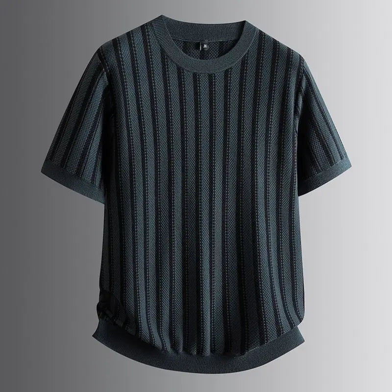 Spring New Round Neck Striped Jacquard Contrasting Short Sleeved Knitted Sweater for Men's Casual Versatile Half Sleeved Sweater