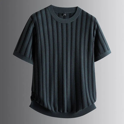 Spring New Round Neck Striped Jacquard Contrasting Short Sleeved Knitted Sweater for Men's Casual Versatile Half Sleeved Sweater