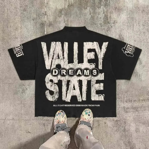 American Hip Hop Retro Theater Valley Division Harajuku Gothic War Print Summer New Retro Fashion Men and Women Streetwear