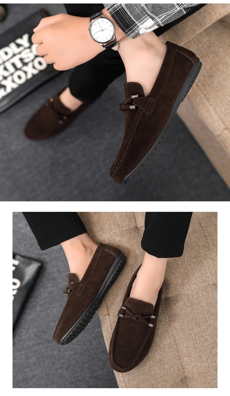 2026 Summer Casual Fashion Driving Loafers Suede Leather Minimalist Slip-Ons Comfortable Trendy Work Shoes Black & Khaki Two-Ton