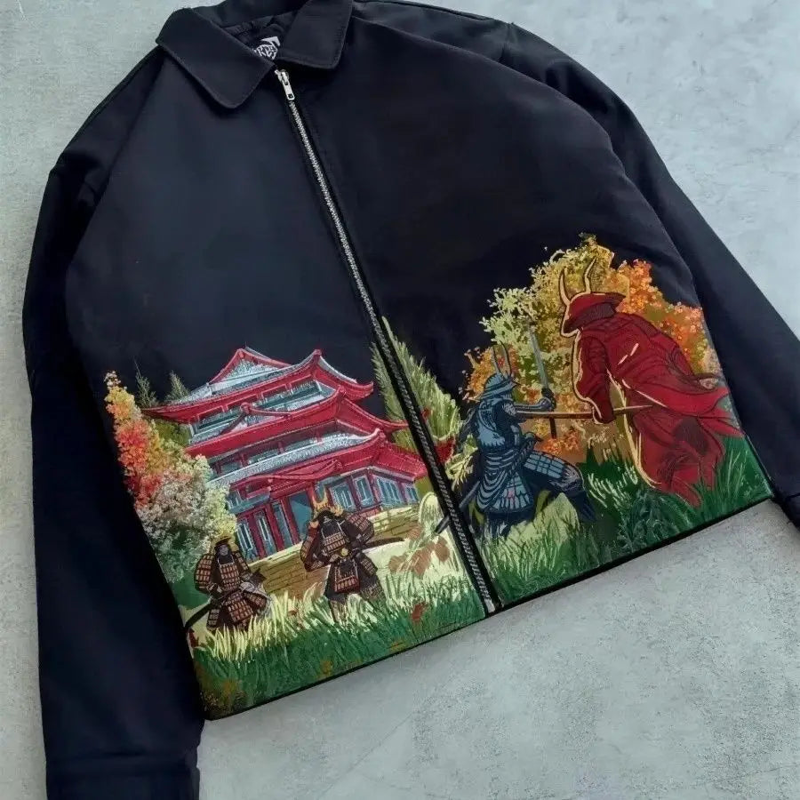 Mens Jacket Japanese Samurai Embroidery Vintage Baseball Coat Harajuku Unisex Heavy Embroidered Loose Fit Streetwear Couple New