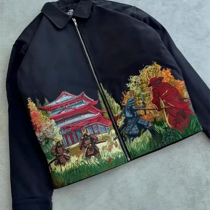 Mens Jacket Japanese Samurai Embroidery Vintage Baseball Coat Harajuku Unisex Heavy Embroidered Loose Fit Streetwear Couple New