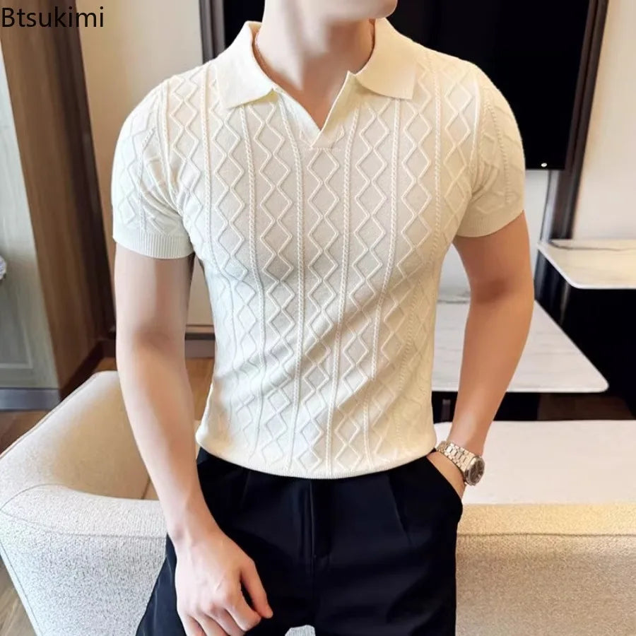 Polo Style Sweaters for Men Summer New Slim Fit Short Sleeve Business Casual T-shirts Male Solid Turn Down Collar Knitwear Tops