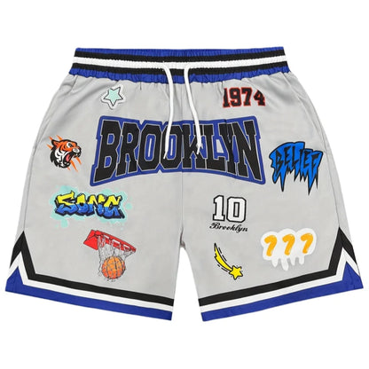 Brooklyn  Basketball  Shorts, Graffiti Patches Retro Beige Casual Streetwear Athletic Bottoms Men's casual quick-drying shorts