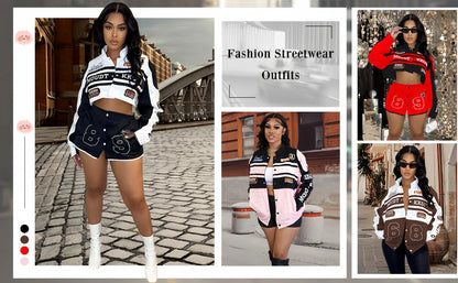 HLJ Letter Print Two Piece Outfits 2023 Autumn Winter Casual Sporty Baseball Coat Skirts Suits Detachable Buttons Y2k Streetwear