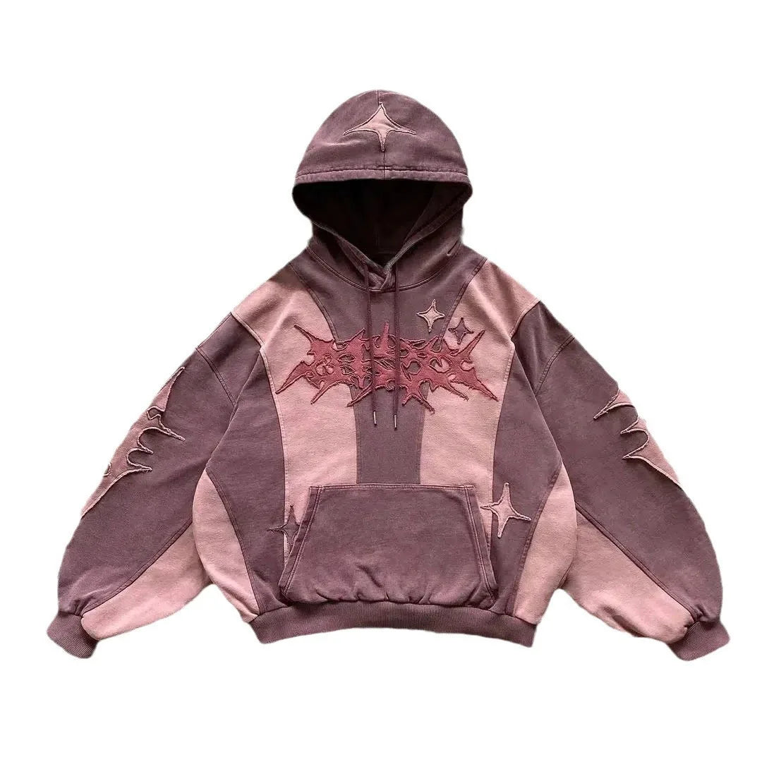 American Harajuku Fashion Color Matching Creative Pattern Patchwork Pullover 2000s Street Rock Vitality Long Sleeve Loose Hoodie